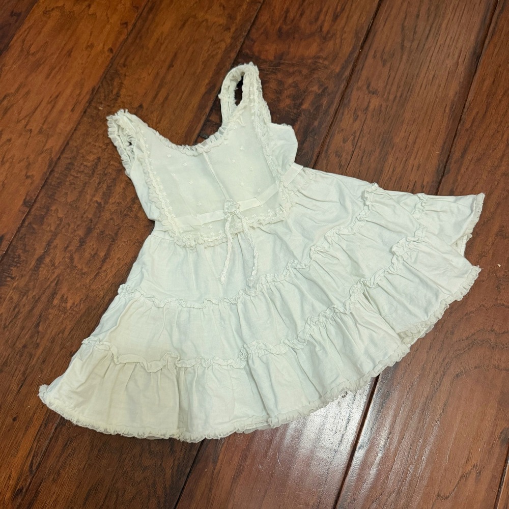 VTG Ivory Lace Tiered Ruffle Pinafore Dress Smocked Back Baby 12m? Coquette READ